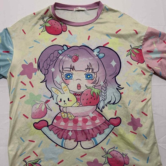 Kawaii Strawberry Girl Graphic T-Shirt Sz S/4 P2P26 ROMWE EUC - Picture 1 of 1